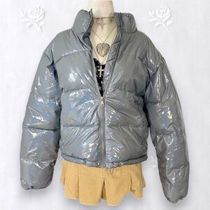 Faded Rose Essential Chunky Silver Gray Iridescent Puffer Winter Jacket M